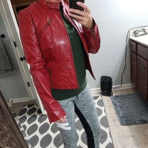 Red faux leather jacket